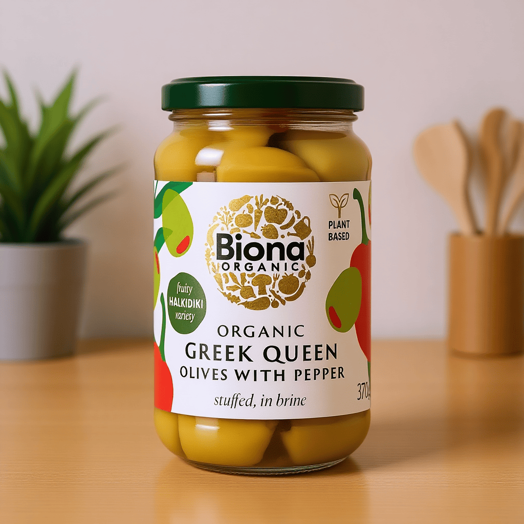 Organic Greek Queen Olives with Red Pepper 370g