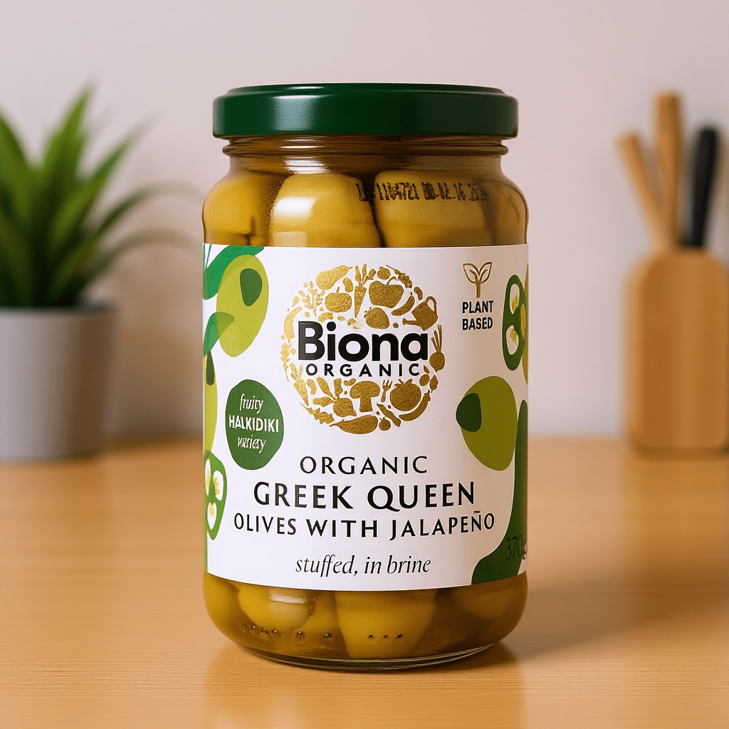 Organic Greek Queen Olives with Jalapeno 370g