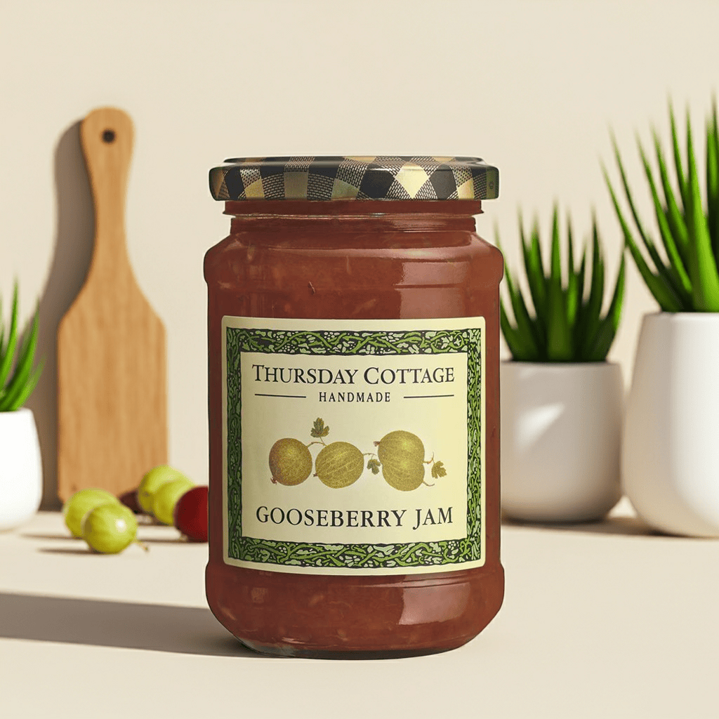 A vibrant, tart jam made with whole gooseberries for a sharp and fruity kick. Perfect for pairing with scones, toast, or rich plant-based cheeses.