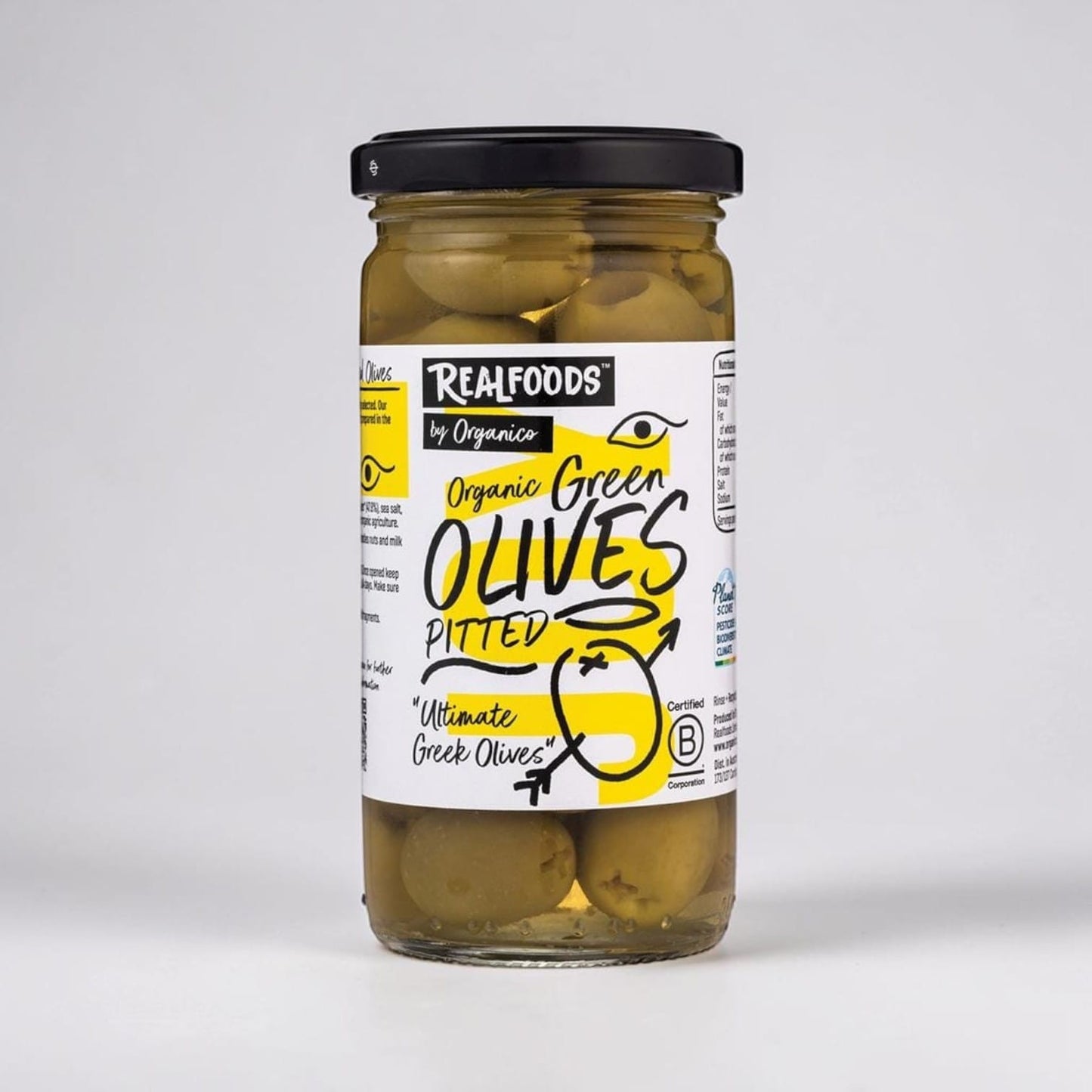 Organic Green Pitted Olives in Brine 230g by Realfoods