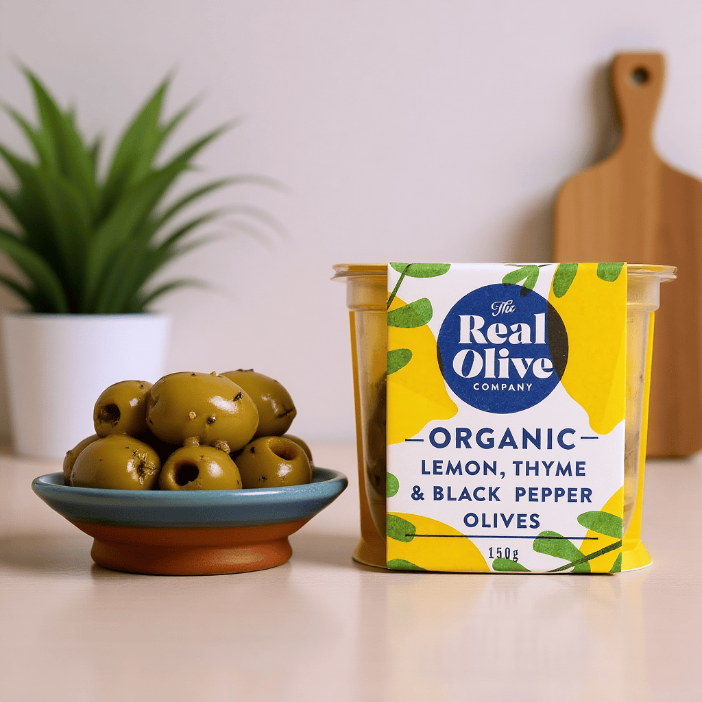 Organic Lemon Thyme & Black Pepper Olives in Cold-pressed Oil 150g