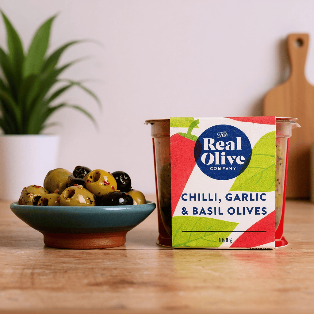 Chilli Garlic and Basil Pitted Olives 160g