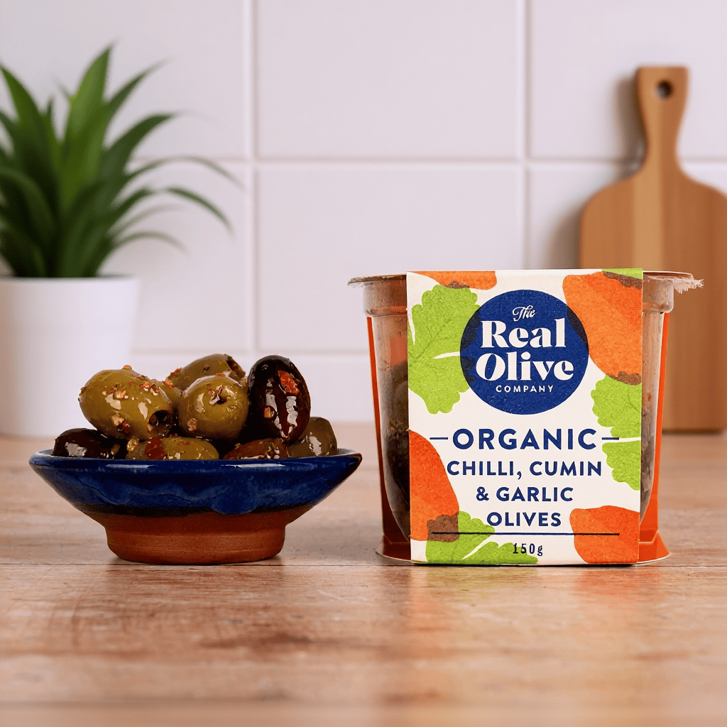Organic Chilli Cumin & Garlic Mixed Pitted Olives 150g