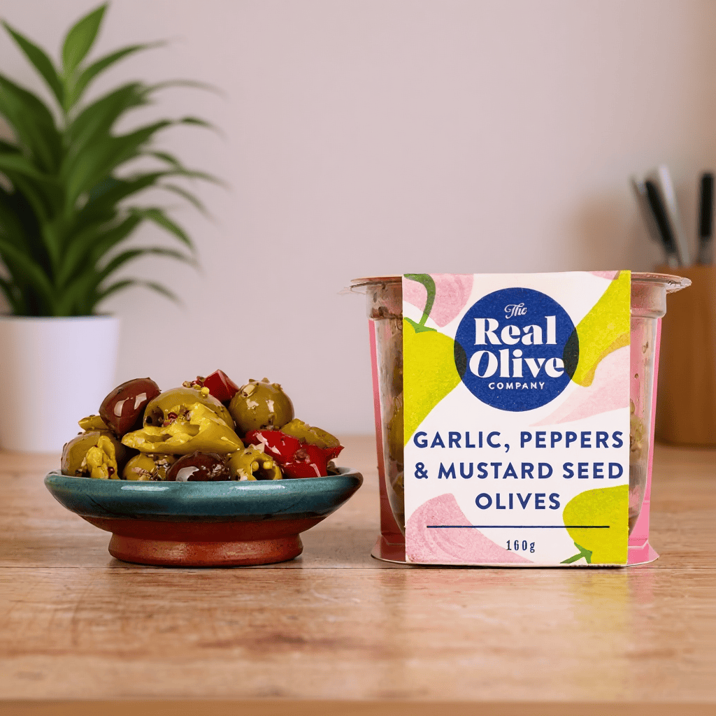 Garlic Peppers & Mustard Seed Pitted Olives 160g