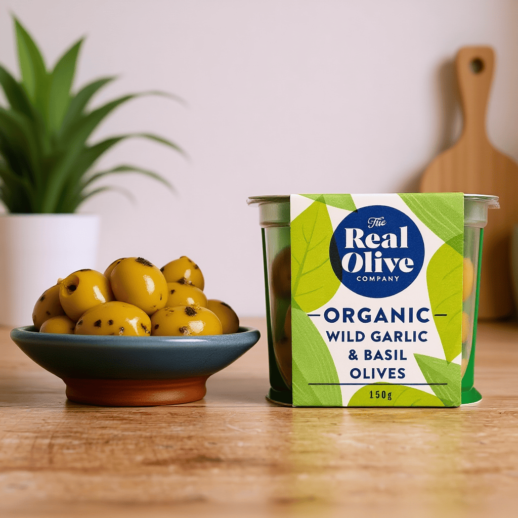 Organic Wild Garlic & Basil Olives in Cold-pressed Oil 150g