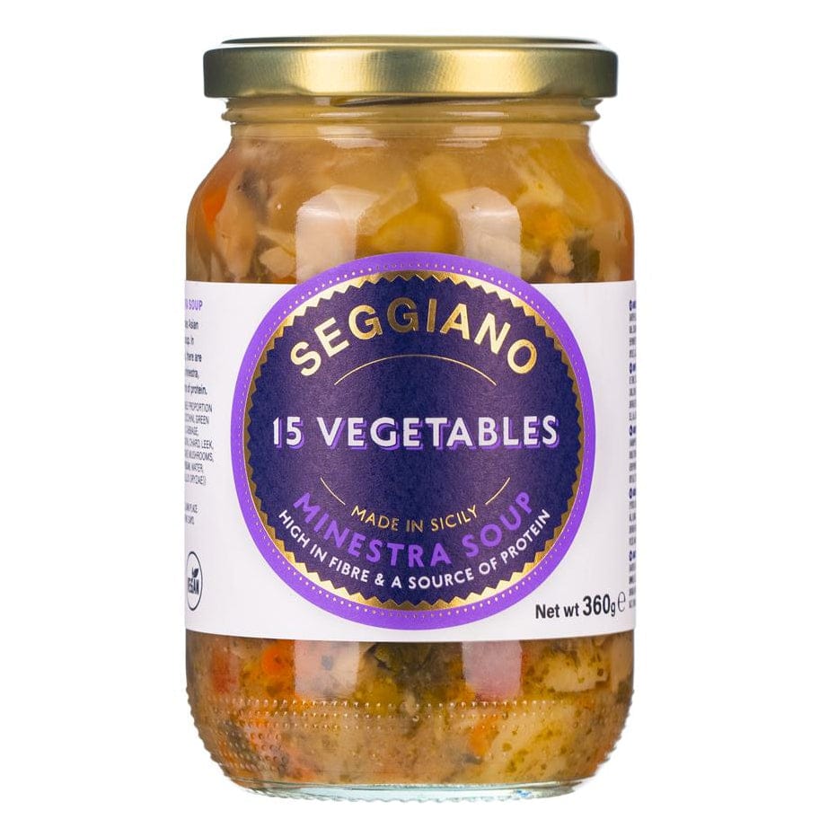 Jar of Seggiano 15 Vegetables Minestra Soup on a white background