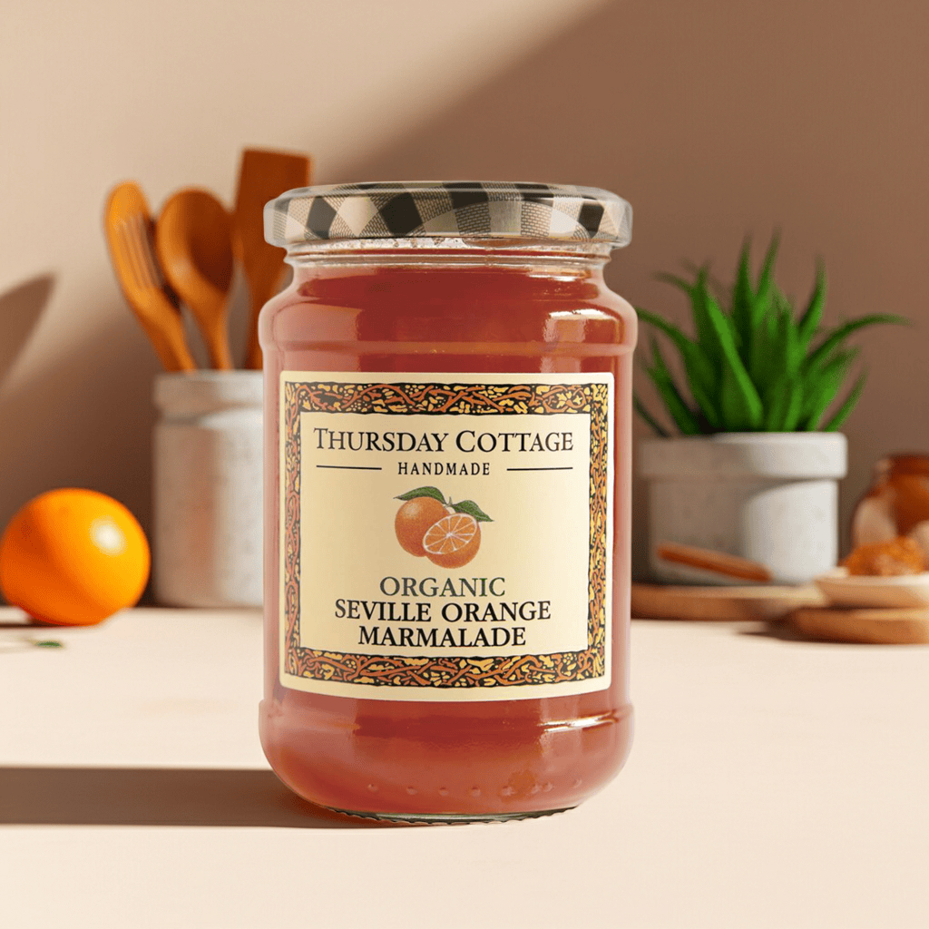 Crafted with organic Seville oranges for a bold, bitter-sweet marmalade. A refined choice for marmalade lovers and baking enthusiasts alike.