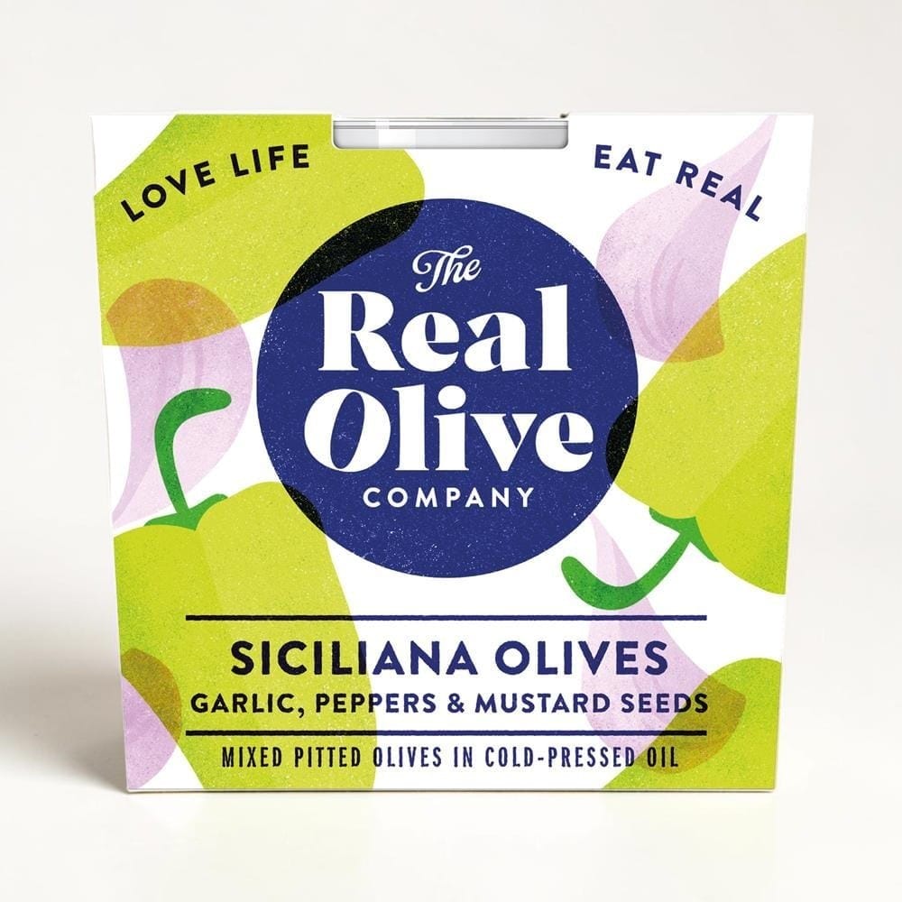 Garlic Peppers & Mustard Seed Pitted Olives 160g by The Real Olive Company