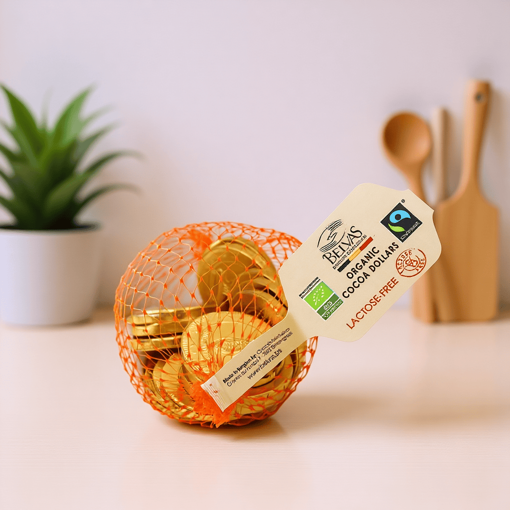 Classic chocolate coins made with high-quality organic dark chocolate. A festive, foil-wrapped treat for stockings or celebration tables.