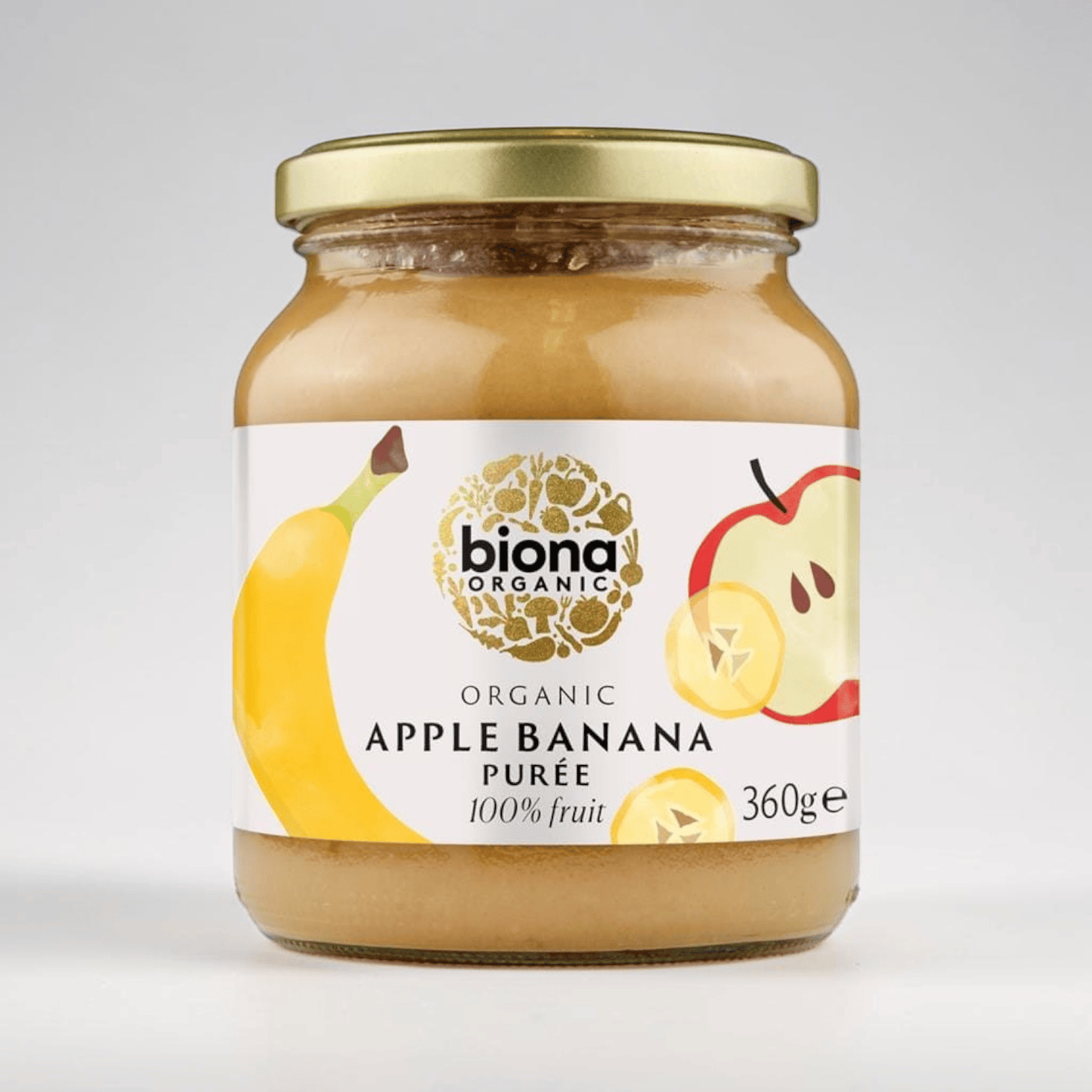Saporia | Artisan UK Vegan Cheesemonger & Deli Biona organic apple and banana fruit puree in a 360g glass jar.