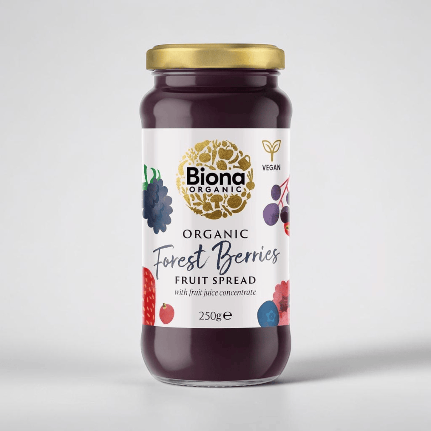 Saporia | Artisan UK Vegan Cheesemonger & Deli Biona organic forest fruit spread in a glass jar with berry graphics