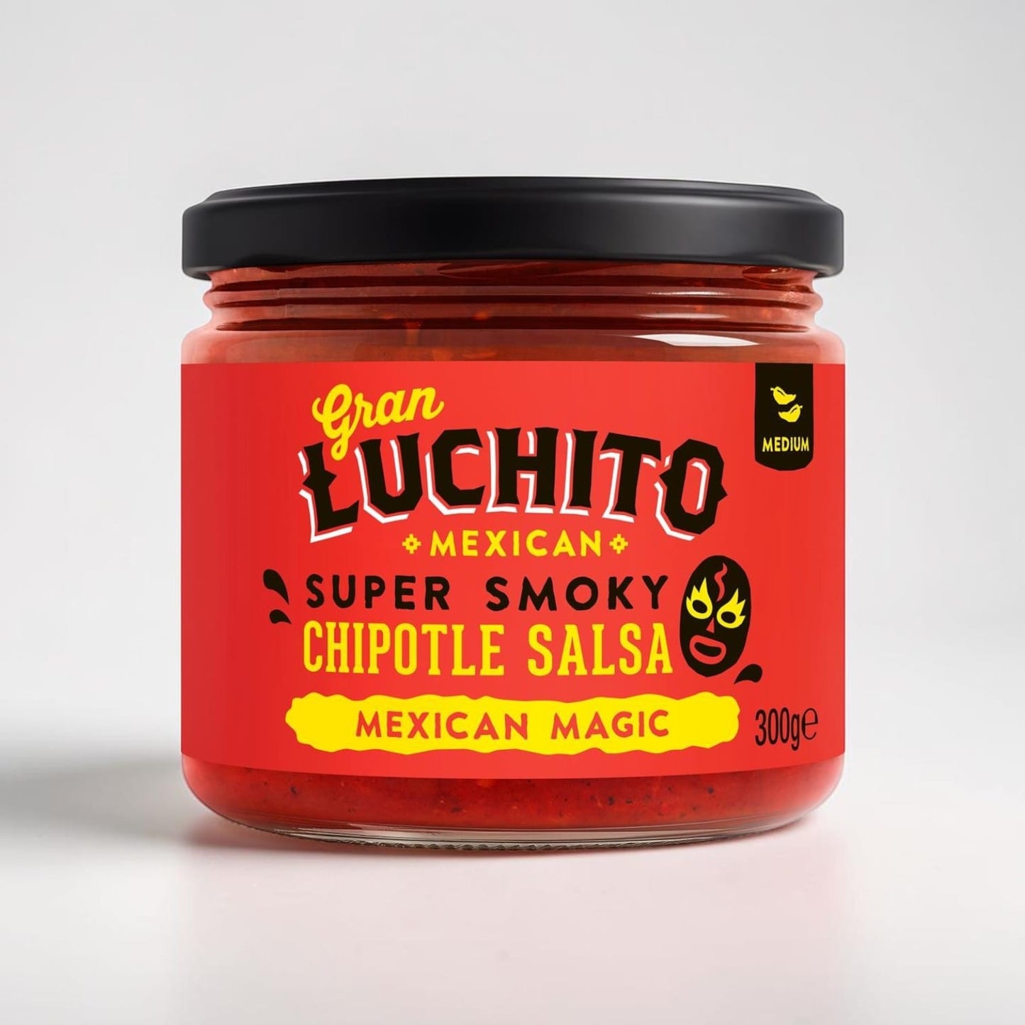 Gran Luchito Smoky Red Chipotle Salsa in a glass jar, sold by Saporia | Artisan UK Vegan Cheesemonger & Deli.