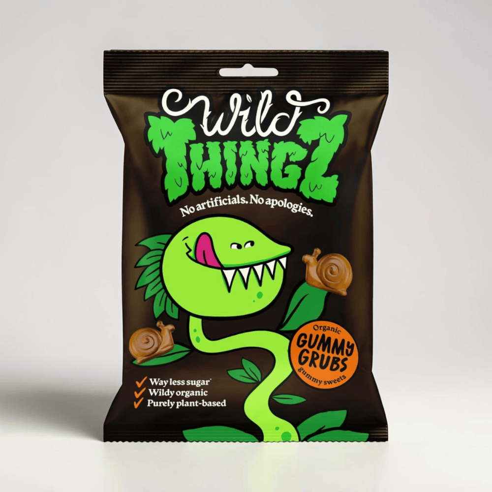 Saporia | Artisan UK Vegan Cheesemonger & Deli Wild Thingz organic gummy grubs in a dark brown snack bag