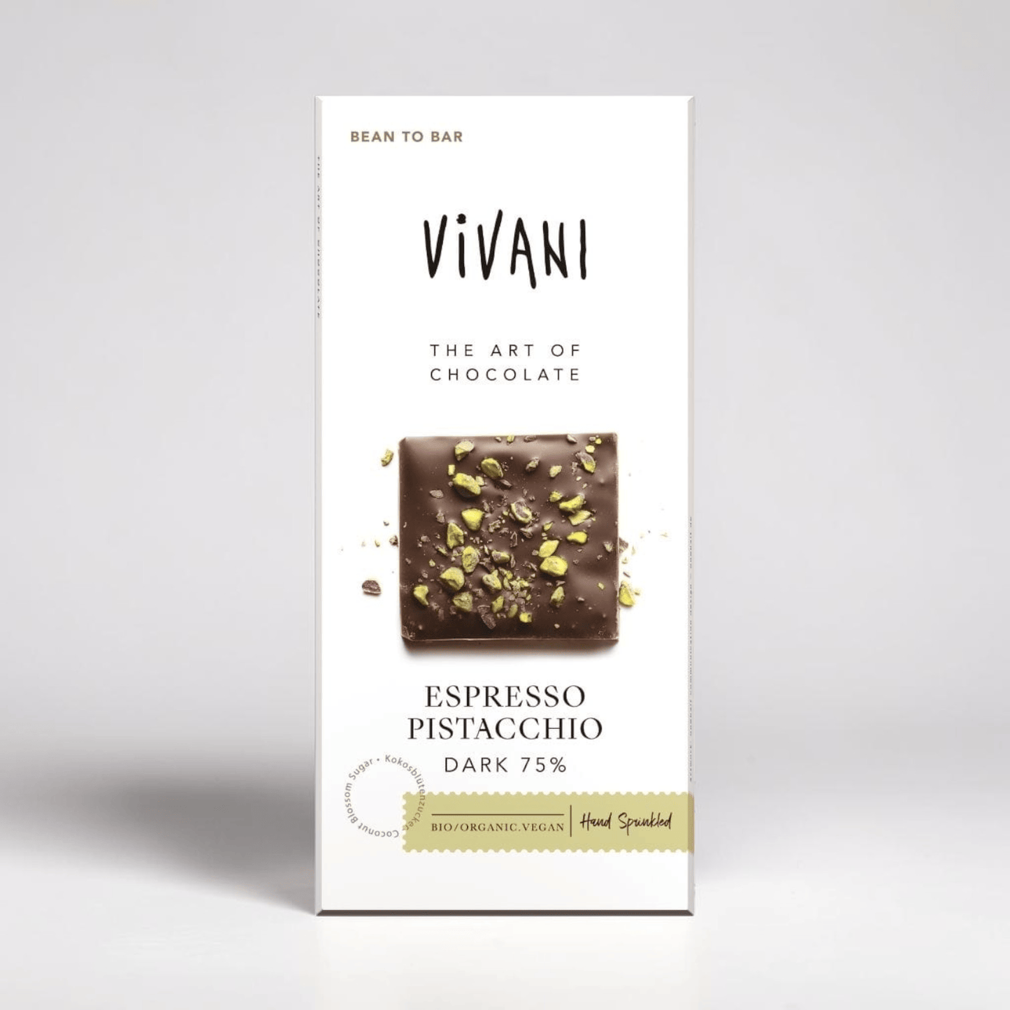 Saporia | Artisan UK Vegan Cheesemonger & Deli Vivani 75% dark chocolate bar with espresso and roasted pistachios