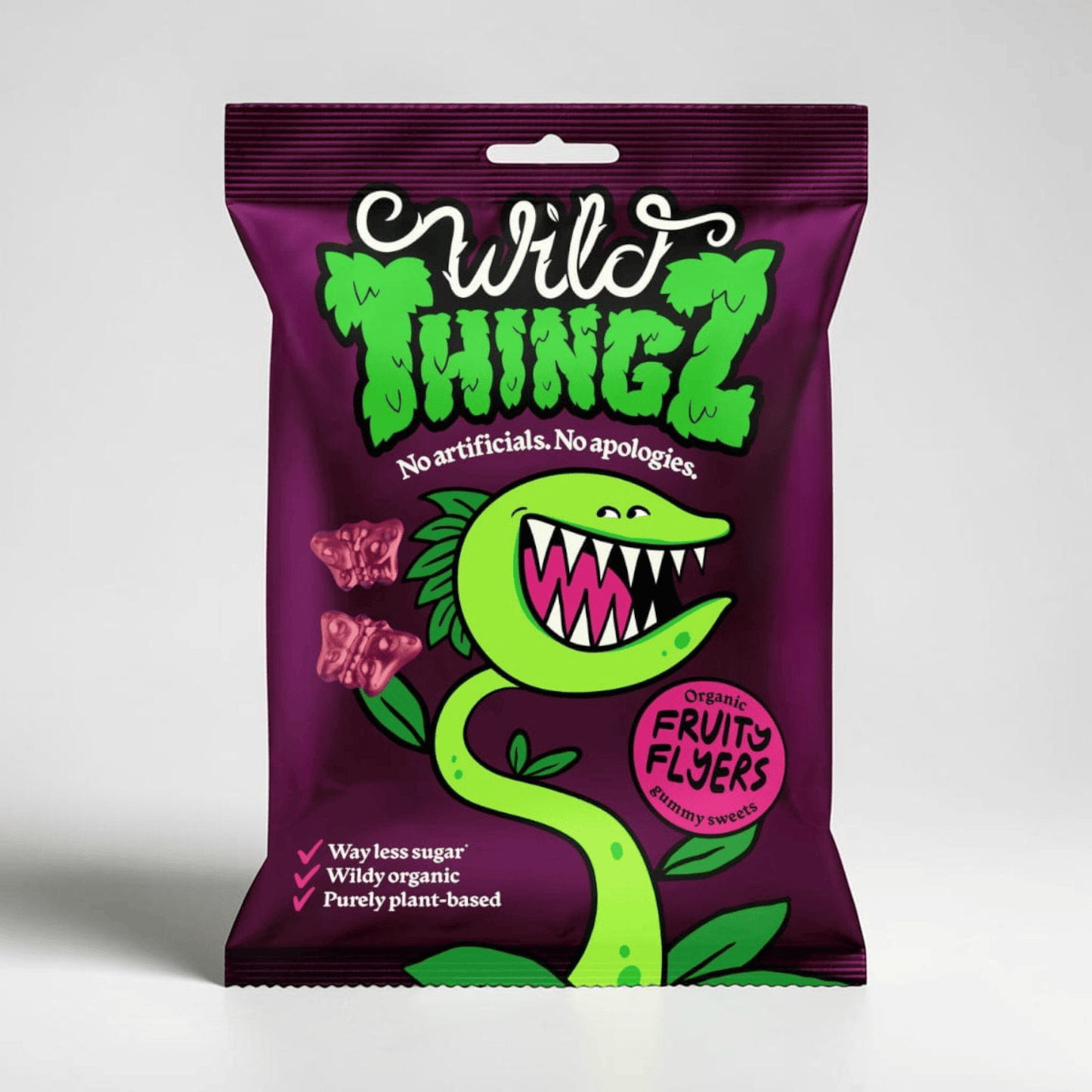 Saporia | Artisan UK Vegan Cheesemonger & Deli Wild Thingz organic fruity flyer gummy sweets in a purple bag