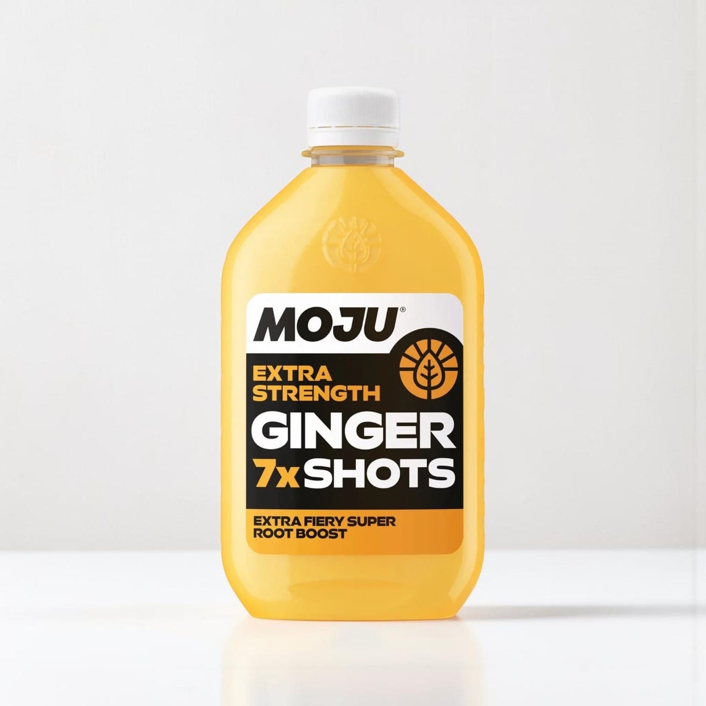 Saporia | Artisan UK Vegan Cheesemonger & Deli Moju Extra Strength Ginger 7x Shots bottle, yellow liquid, extra fiery root boost.