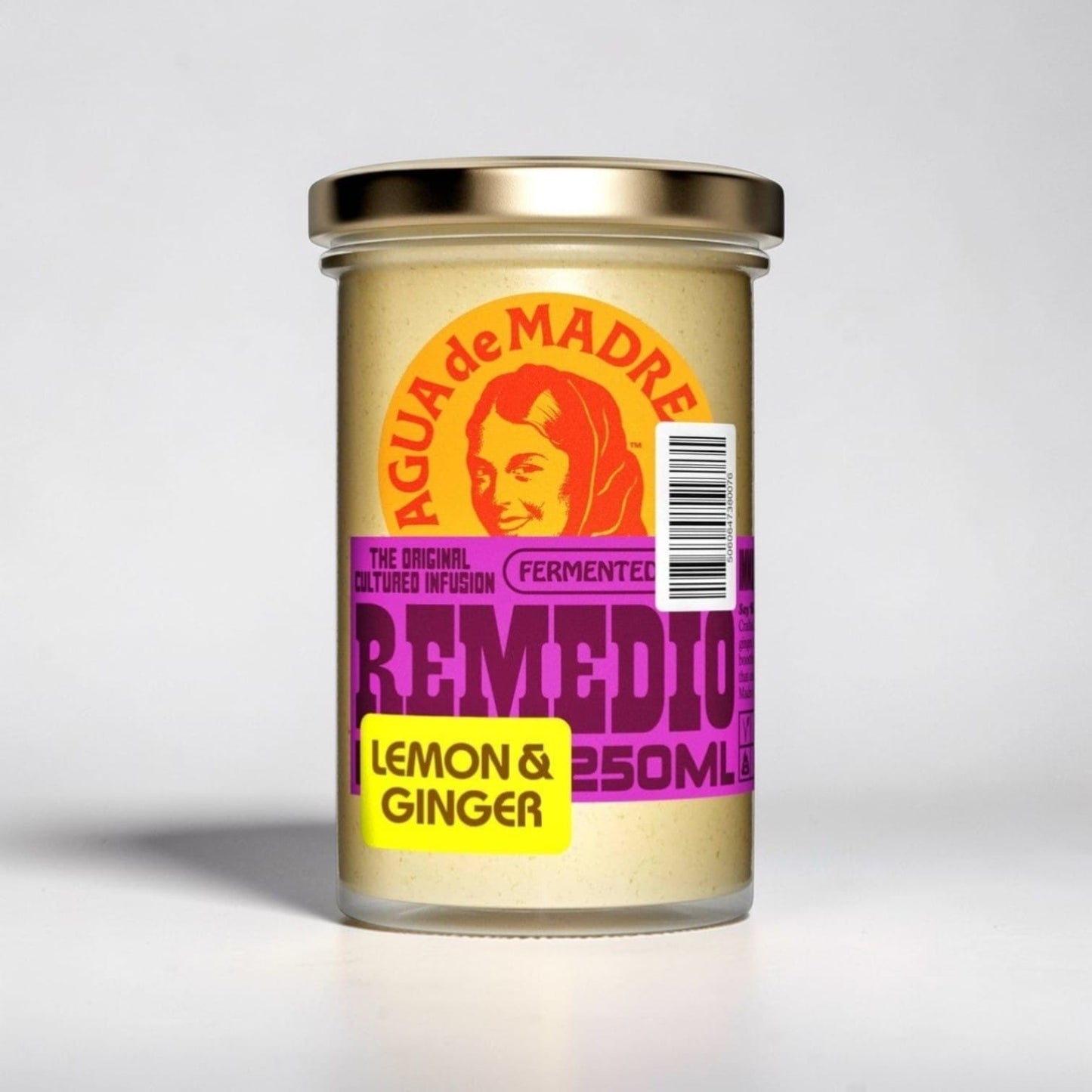 Saporia Remedio Lemon & Ginger Cultured Infusion 250g in a glass jar. Fermented drink with zesty lemon and spicy ginger.