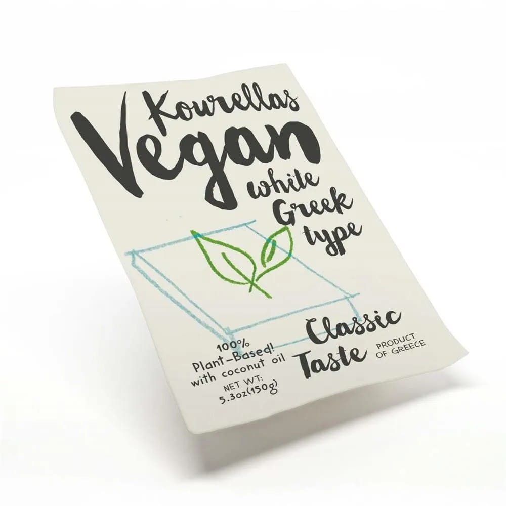 Saporia | Artisan UK Vegan Cheesemonger & Deli Kourellas Vegan white Greek type cheese packaging, 150g block, plant-based with coconut oil.