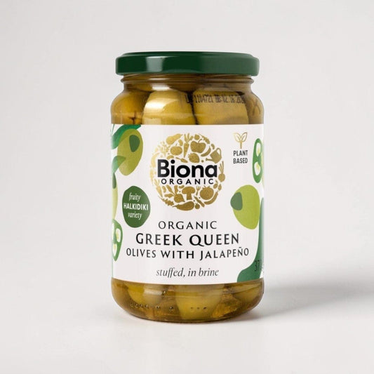 Organic Greek Queen Olives with Jalapeno 370g by Biona