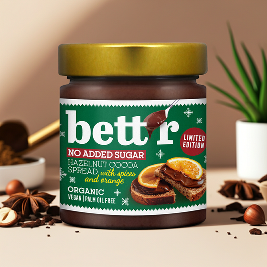 A festive blend of hazelnut, cocoa, warm spices and zesty orange in a creamy, spreadable treat. Delicious on toast, pastries, or straight from the jar.