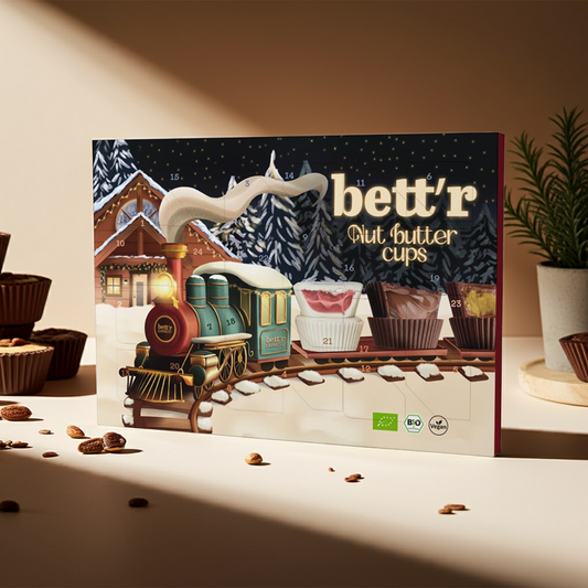 A joyful countdown filled with plant-based chocolate and nut butter cups. Organic, dairy-free, and full of festive flavour.