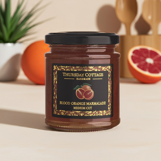 Deep red blood oranges create a vibrant, bittersweet marmalade with citrusy depth. A striking choice for breakfast or baking.