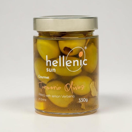 Turmeric Olives Pitted & Lemon Verbena 330g by Hellenic Sun