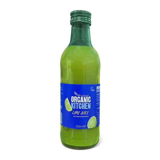 Bottle of Organic Kitchen lime juice on a white background