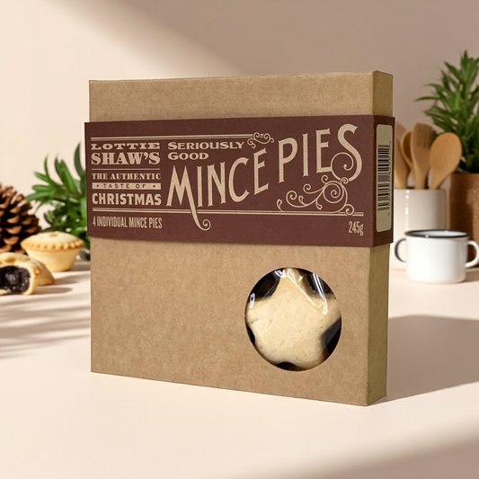 A box of four award-winning mince pies made with all-butter pastry and festive fruit filling. Perfect for gifting or seasonal treats.