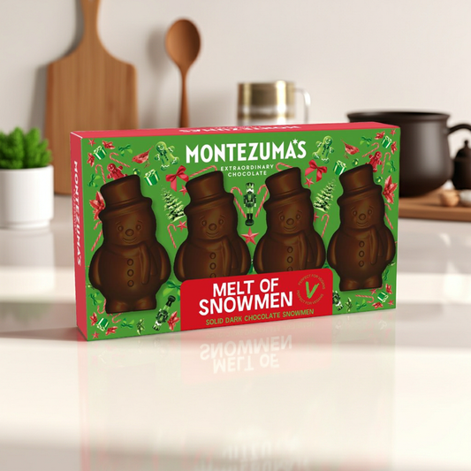 A playful box of rich dark chocolate snowmen made with organic cocoa. Festive fun with a grown-up chocolate twist.
