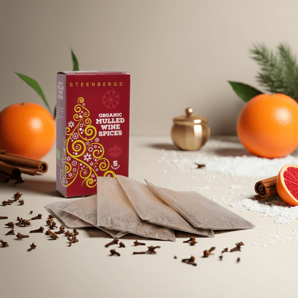 Hand-blended sachets of organic spices for mulled wine or juice. A rich mix of warming botanicals, ready to infuse.