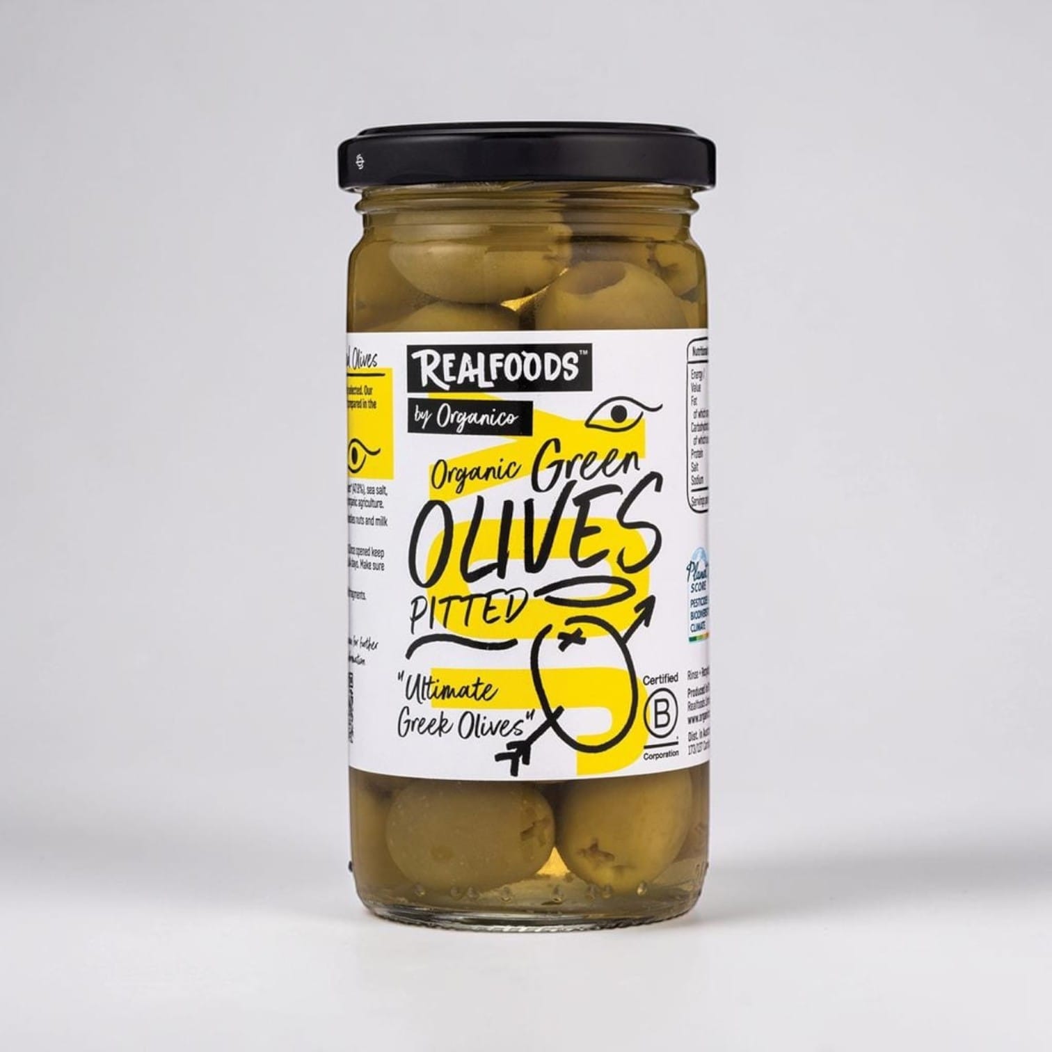 Organic Green Pitted Olives in Brine 230g by Realfoods
