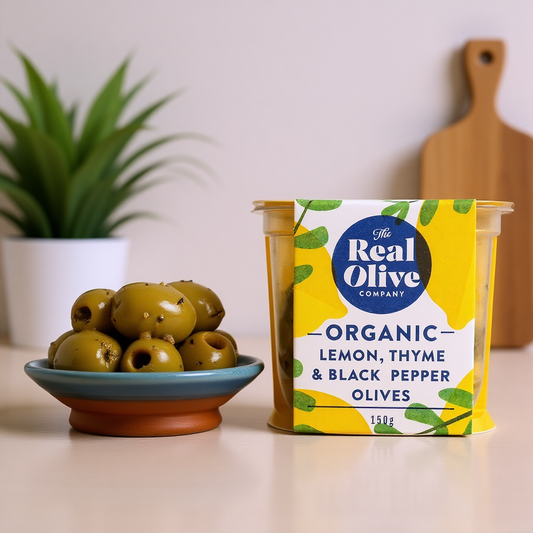 Organic Lemon Thyme & Black Pepper Olives in Cold-pressed Oil