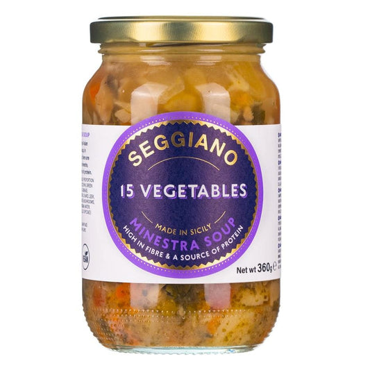 Jar of Seggiano 15 Vegetables Minestra Soup on a white background