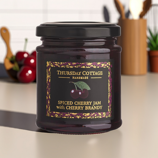 Dark cherries infused with festive spices and a dash of cherry brandy. Rich, warming, and indulgent on toast or paired with dark chocolate.