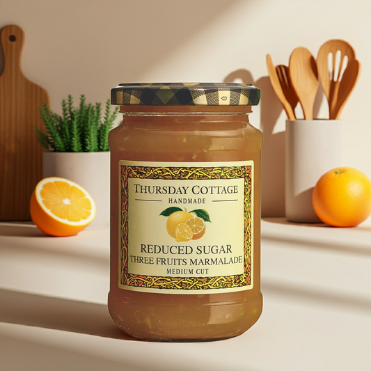 A citrus medley of orange, lemon, and grapefruit creates a classic, tangy marmalade. Bright and balanced for everyday enjoyment.