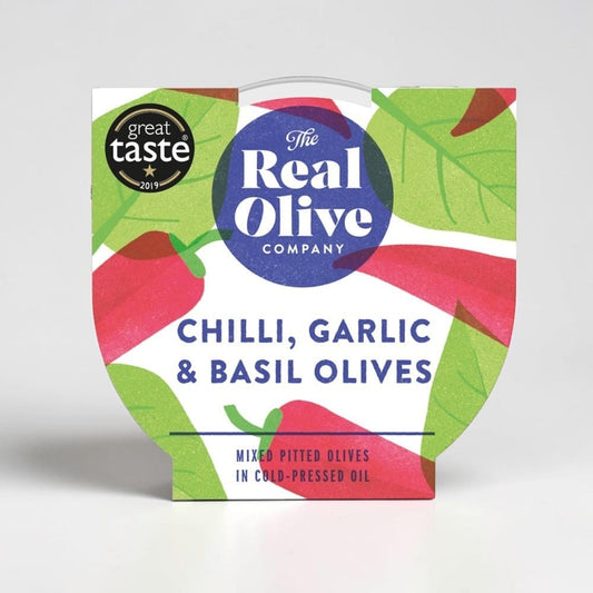 Chilli Garlic and Basil Pitted Olives 160g by The Real Olive Company