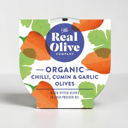 Organic Chilli Cumin & Garlic Mixed Pitted Olives 150g by The Real Olive Company