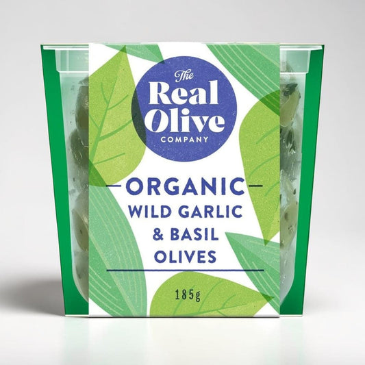 Organic Wild Garlic & Basil Olives in Cold-pressed Oil 150g by The Real Olive Company