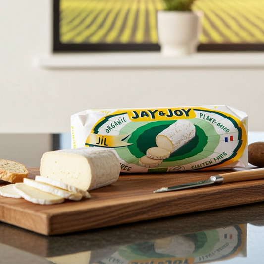 Block of Jay&Joy organic plant-based cheese on a wooden board with a scenic painting in the background.