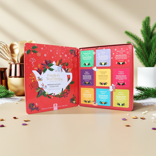 Celebrate the season with a red gift tin packed with festive organic blends. Ideal for cosy nights or thoughtful gifting.