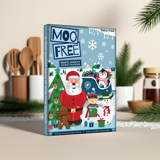 A rare treat: dairy-free white chocolate in a festive advent format. Creamy, sweet, and completely vegan.