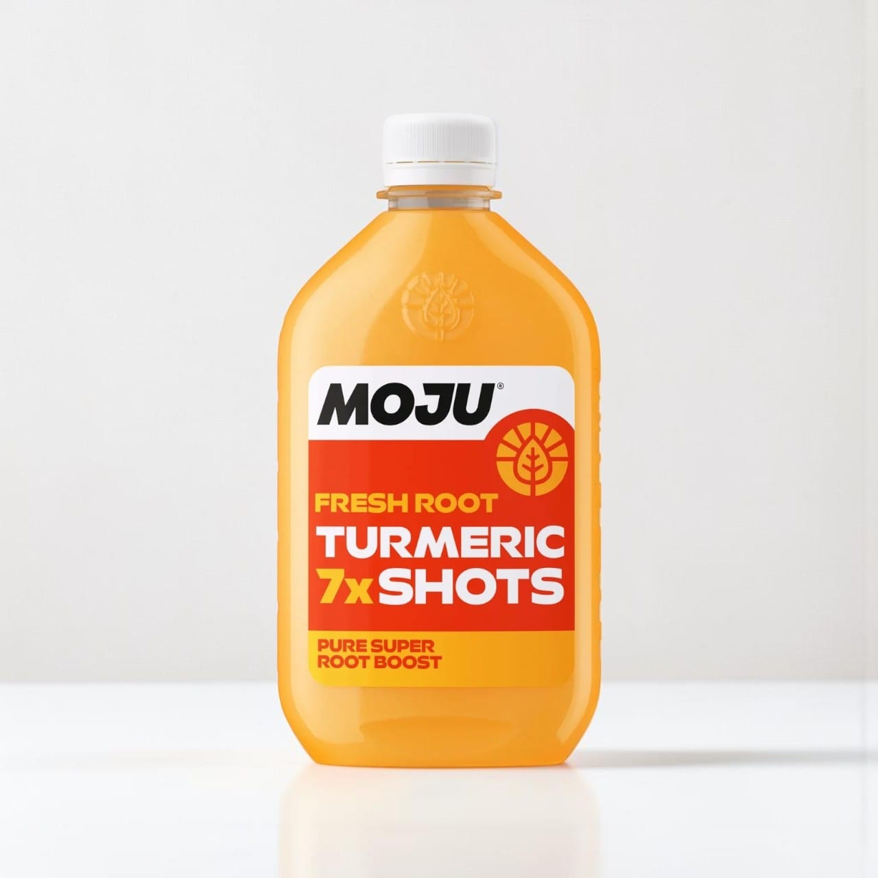 Moju Turmeric Vitality Dosing Bottle with 7 shots of fresh root turmeric, apple, lemon, and black pepper.