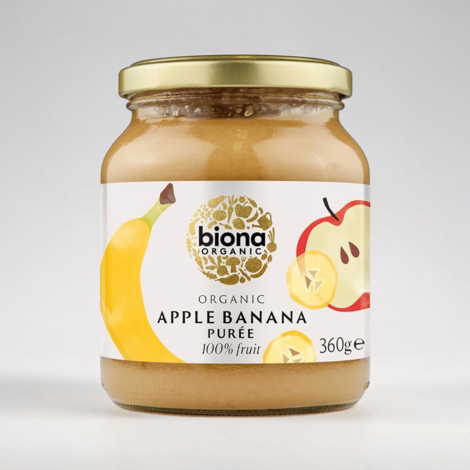 Saporia | Artisan UK Vegan Cheesemonger & Deli Biona organic apple and banana fruit puree in a 360g glass jar.
