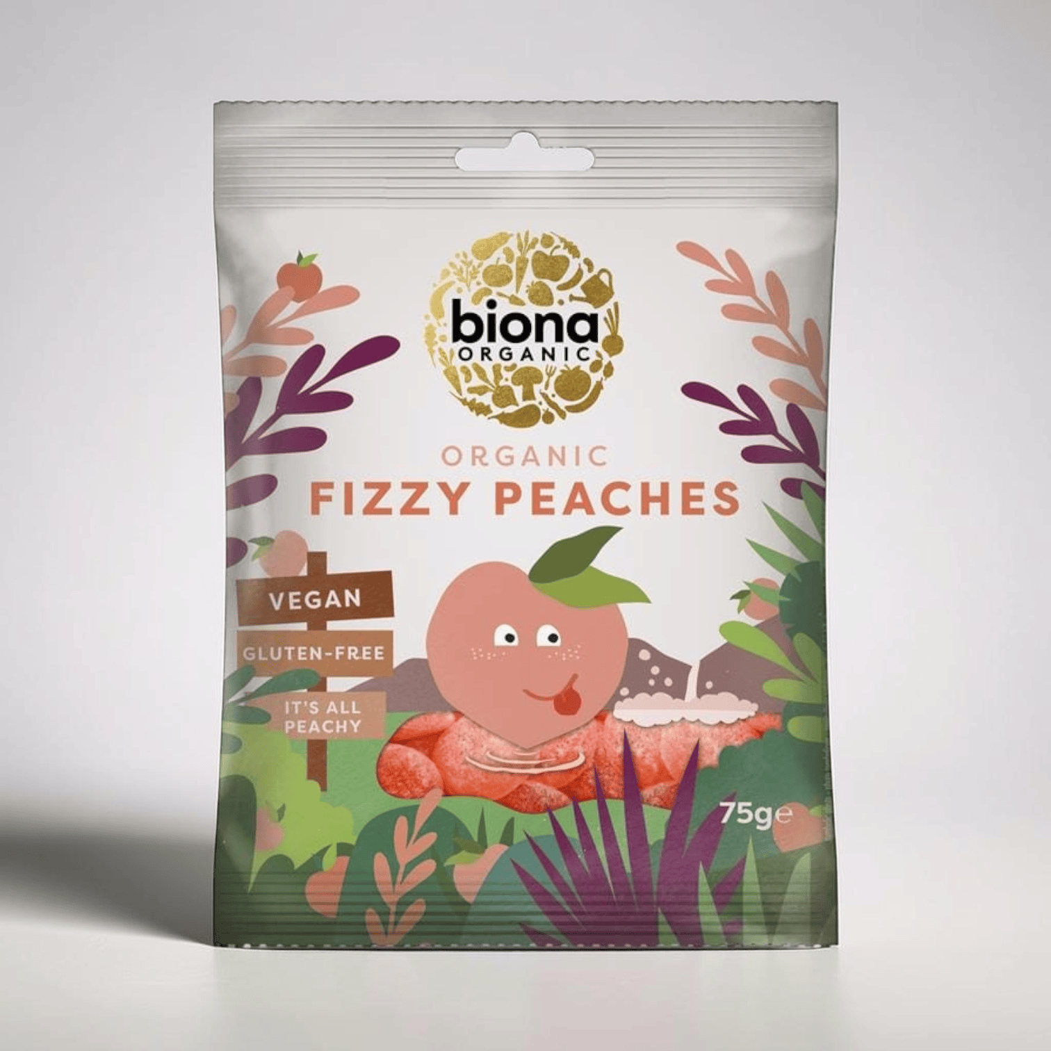 Saporia | Artisan UK Vegan Cheesemonger & Deli Biona organic fizzy peach sweets in a 75g vegan and gluten-free bag.