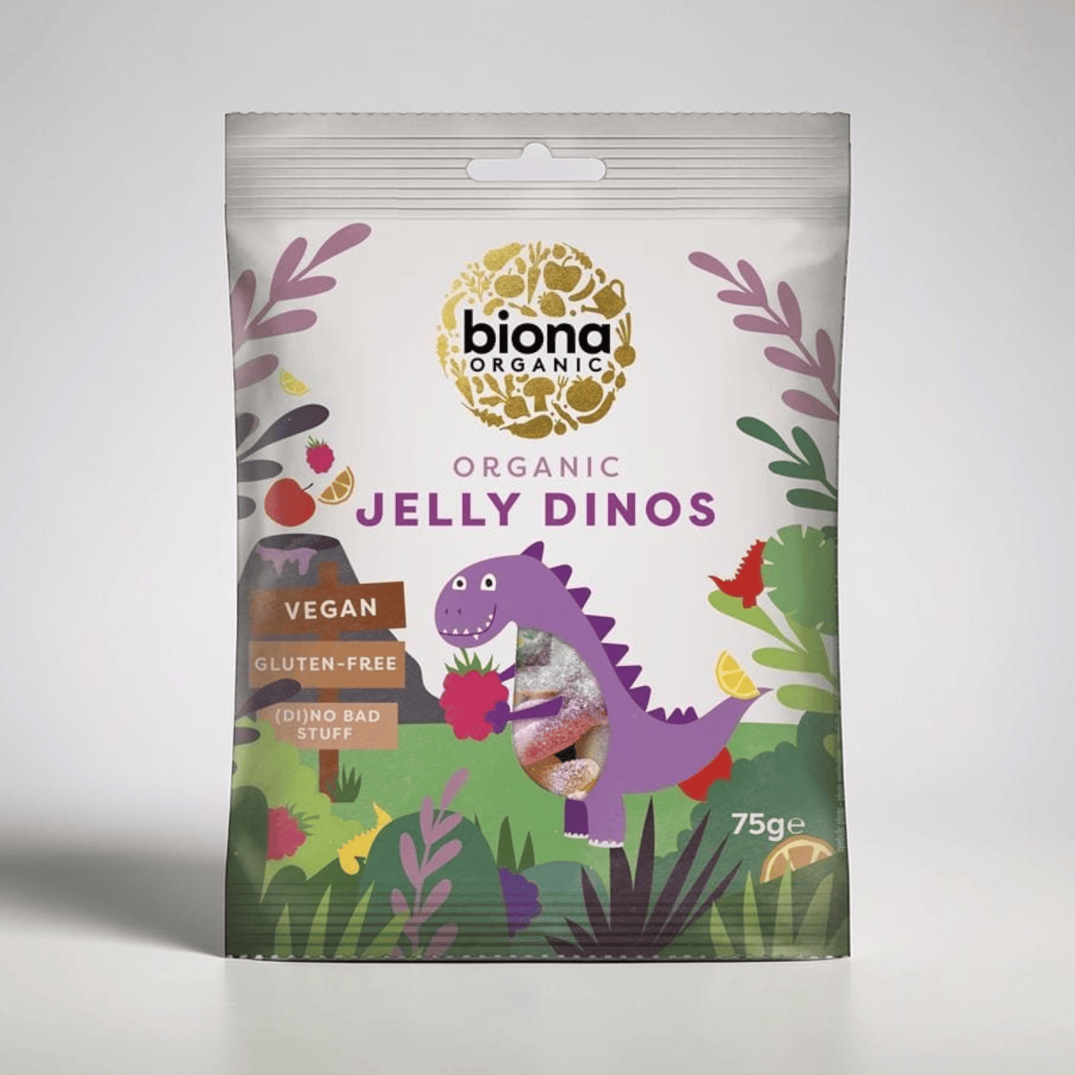 Saporia | Artisan UK Vegan Cheesemonger & Deli Biona organic sour jelly dinosaur sweets in a 75g snack bag