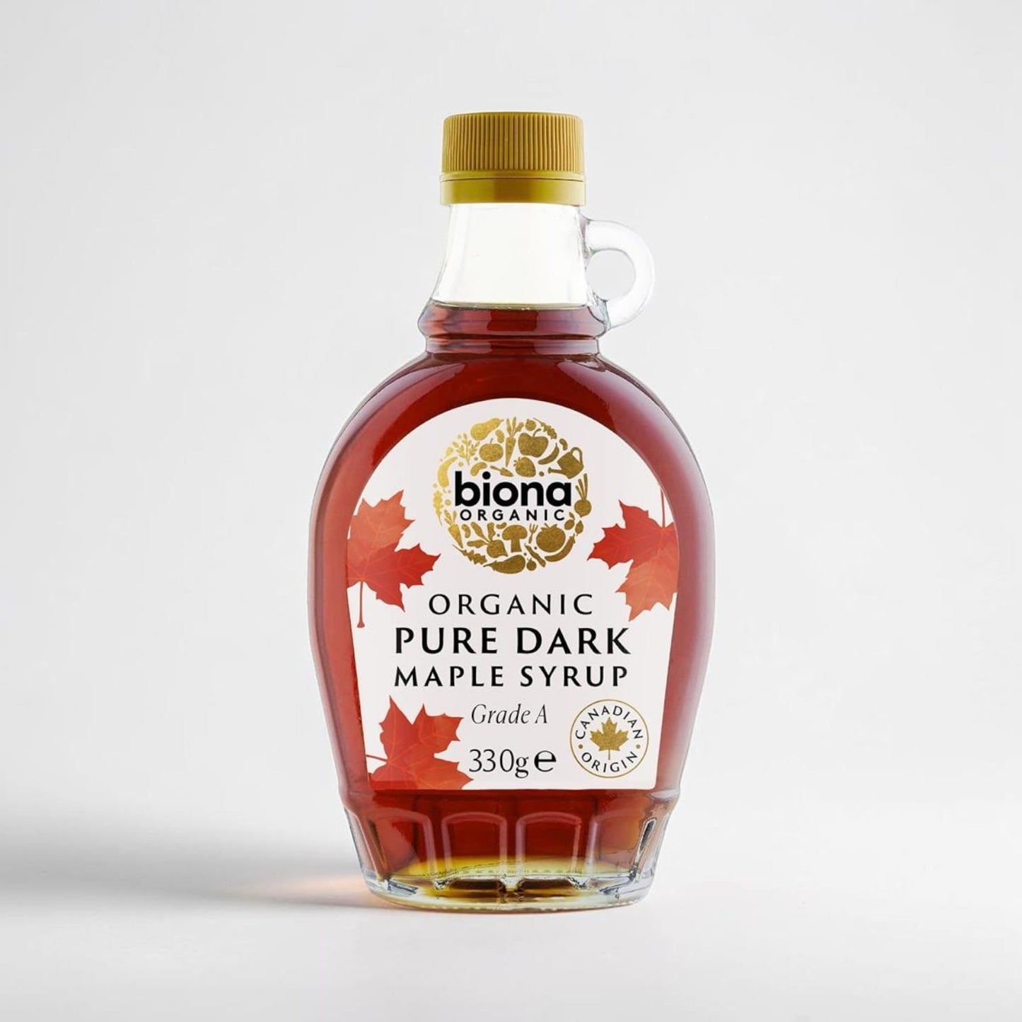 Saporia | Artisan UK Vegan Cheesemonger & Deli Biona organic Grade A dark maple syrup in a glass bottle.