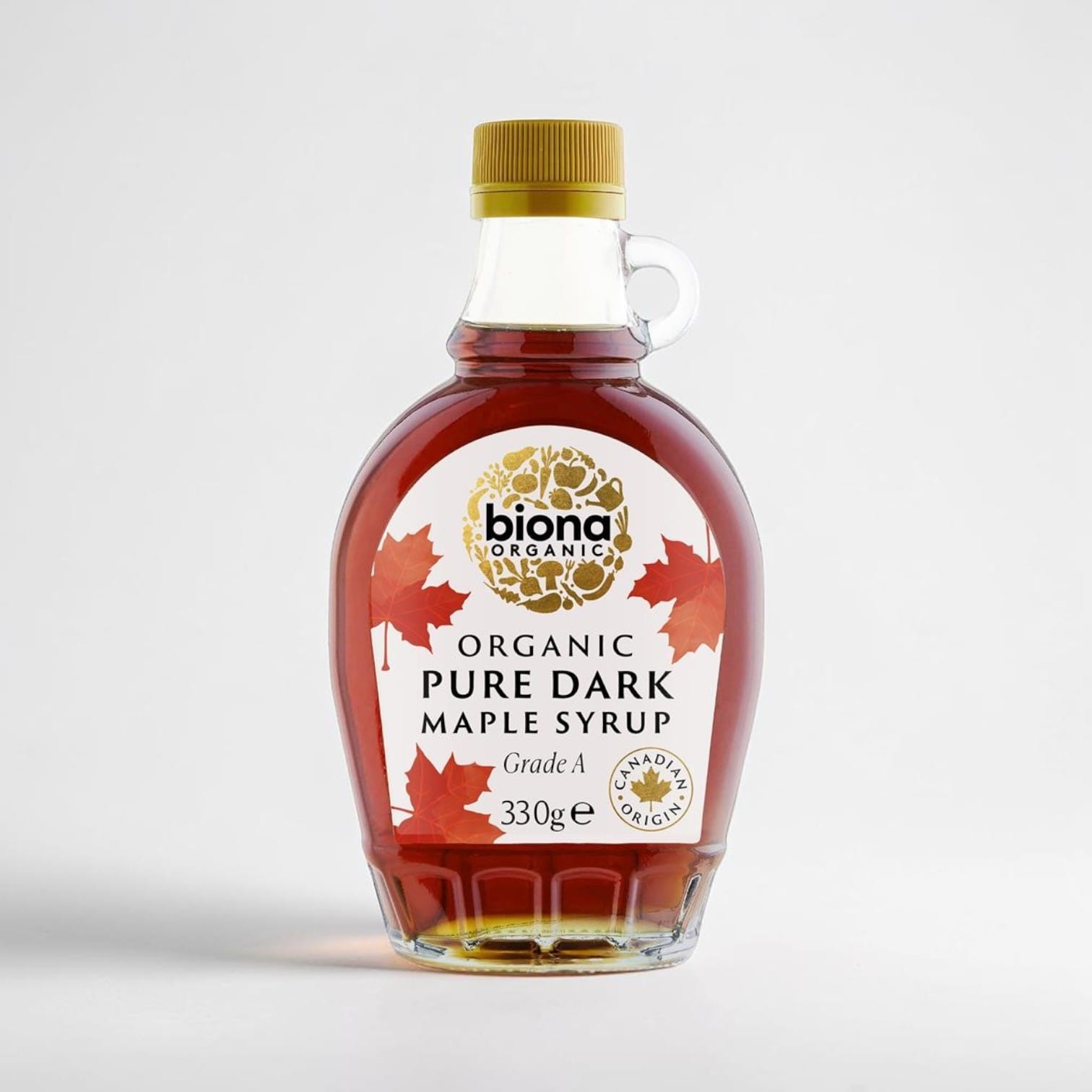 Saporia | Artisan UK Vegan Cheesemonger & Deli Biona organic Grade A dark maple syrup in a glass bottle.