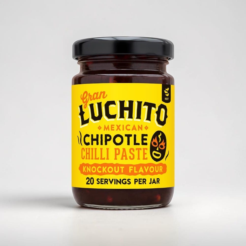 Gran Luchito Chipotle Chilli Paste in a glass jar with a bright yellow label, sold by Saporia | Artisan UK Vegan Cheesemonger & Deli.