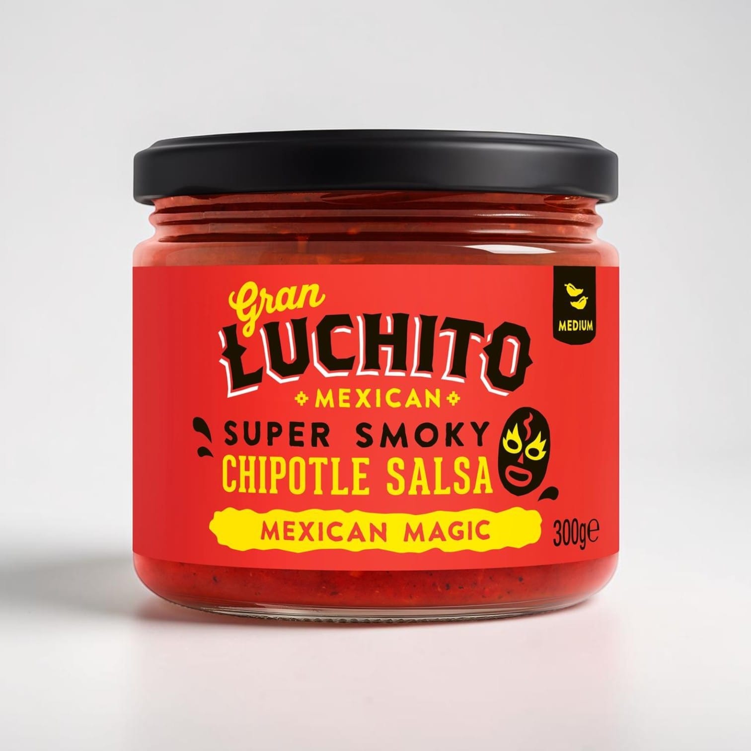 Gran Luchito Smoky Red Chipotle Salsa in a glass jar, sold by Saporia | Artisan UK Vegan Cheesemonger & Deli.